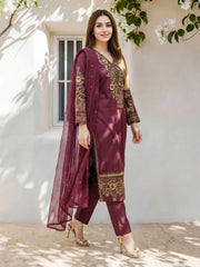 XSL-582- 3 Piece Raw Silk Suit- Embroidered (Pret)