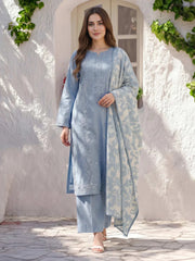 XSL-199- 3 Piece Chambray Suit- Embroidered (Pret)