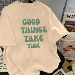SB-04 Good Things Take Time Graphic Oversized T-Shirt – Beige