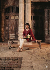 HFS-04 Elegant Maroon Short Shirt & Straight Pants 2-Piece Lawn Suit