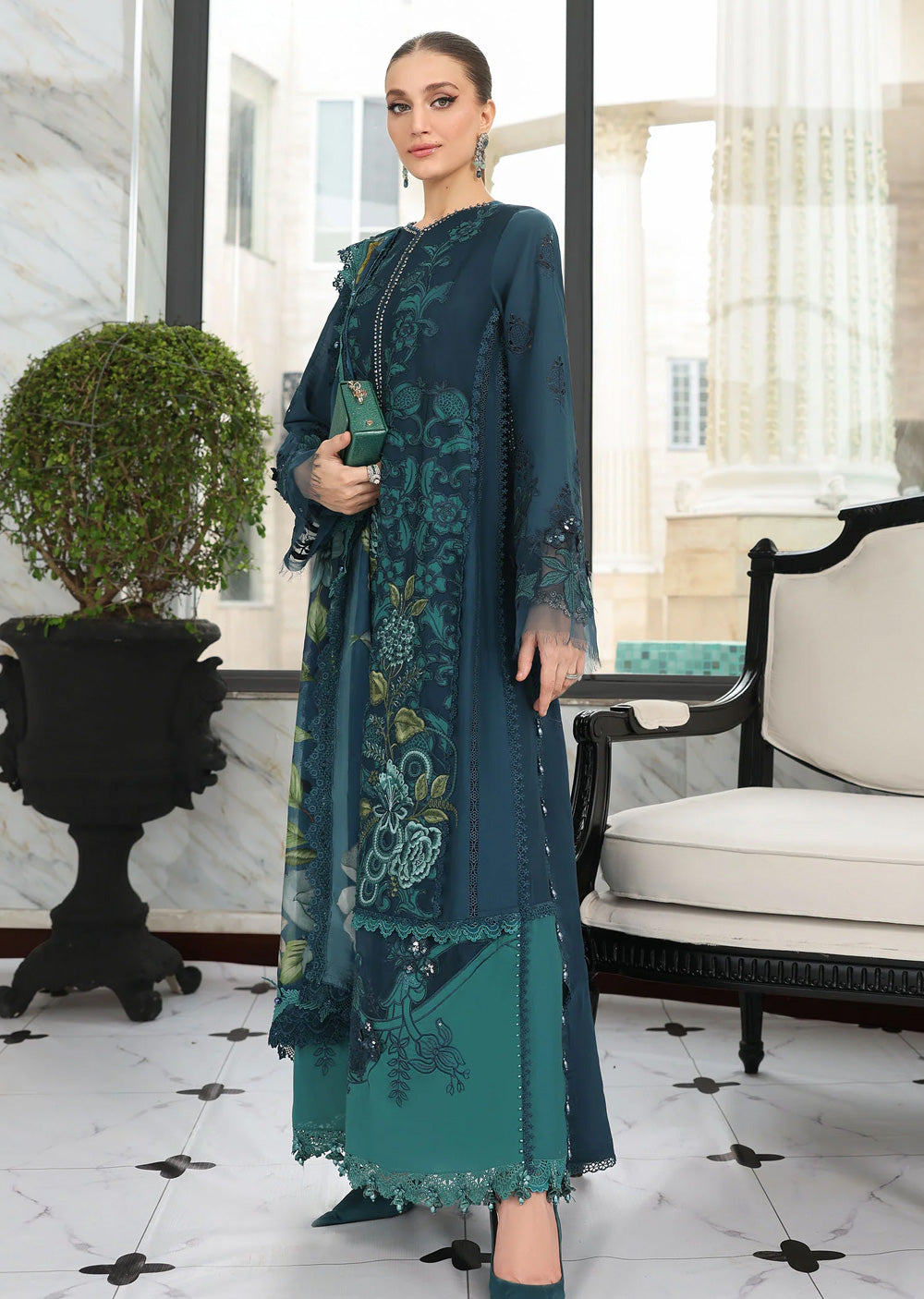 Maria db 6 – Teal Floral Embroidered 3-Piece Suit
