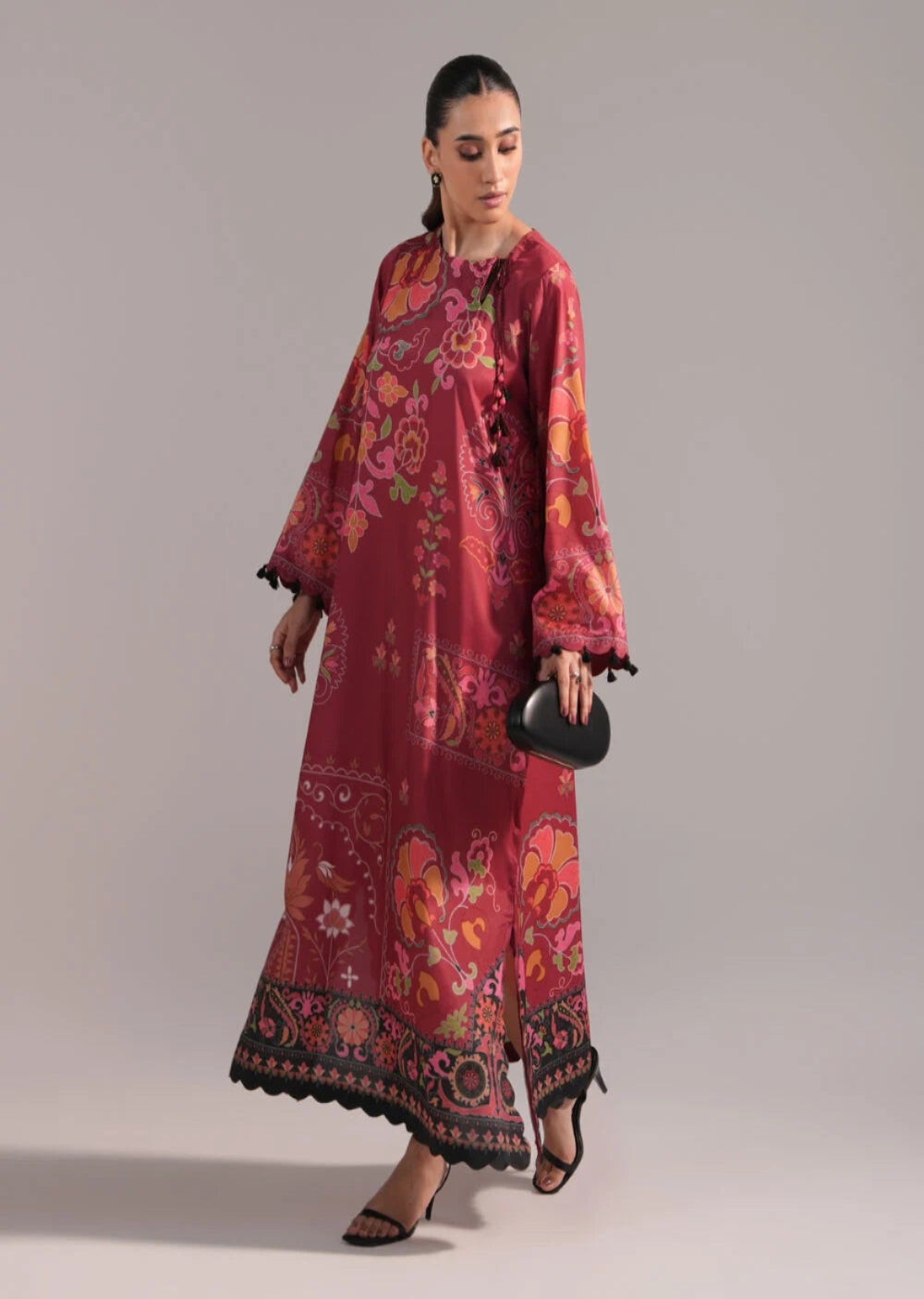 Maroon Floral Printed Maxi Dress – Pakistani Casual Luxury Wear