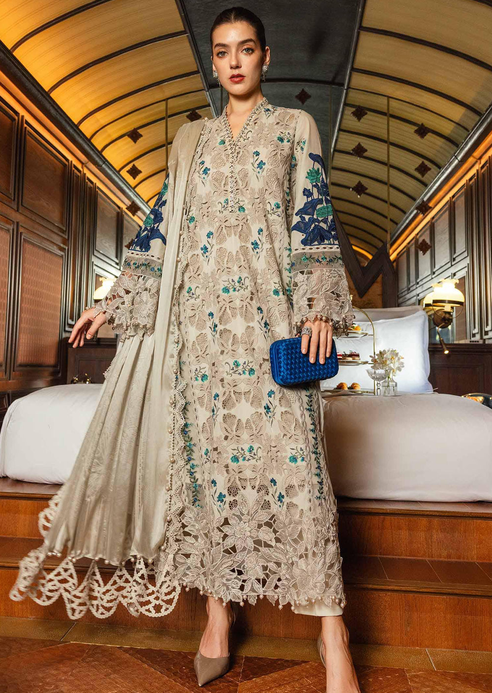 Maria db 8- Beige Floral Embroidered 3-Piece Suit