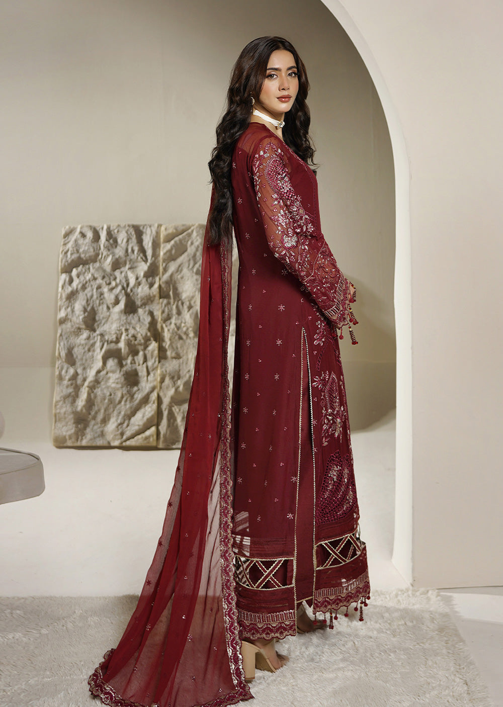 AARZU 9 – Maroon Embroidered 3-Piece Suit
