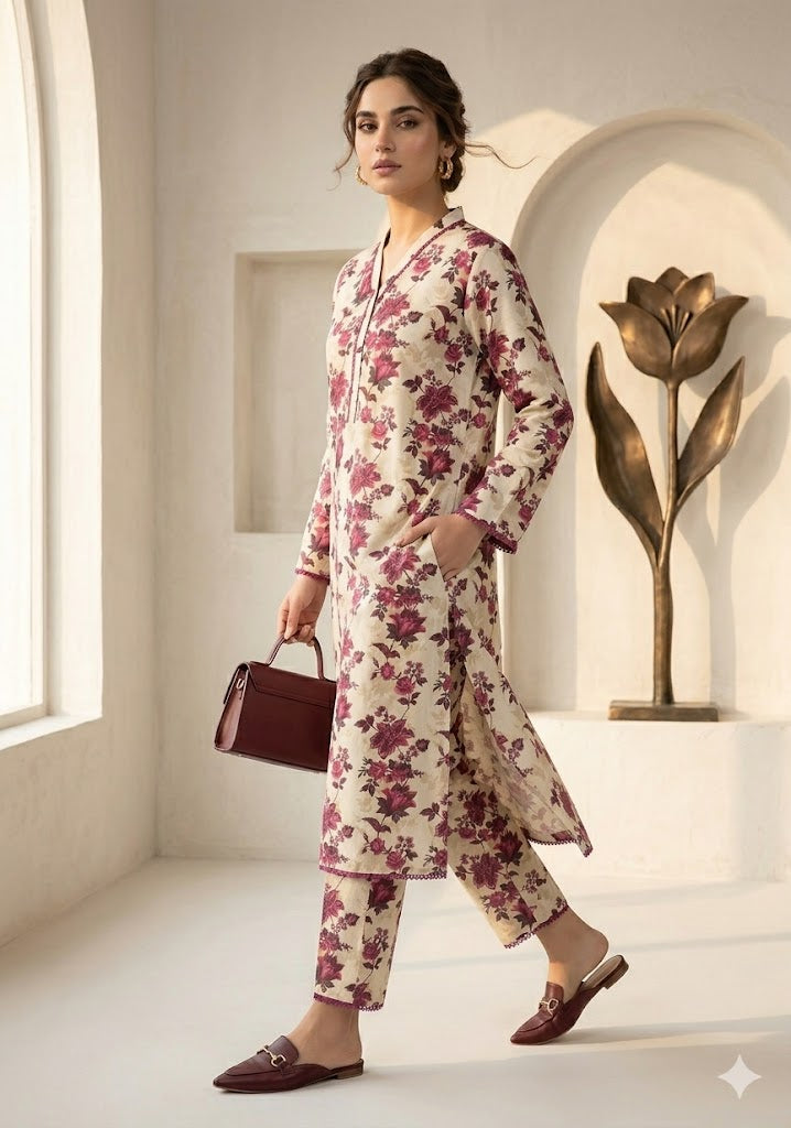 HFS-01 Crimson Blossom 2-Piece Linen-Lawn Suit