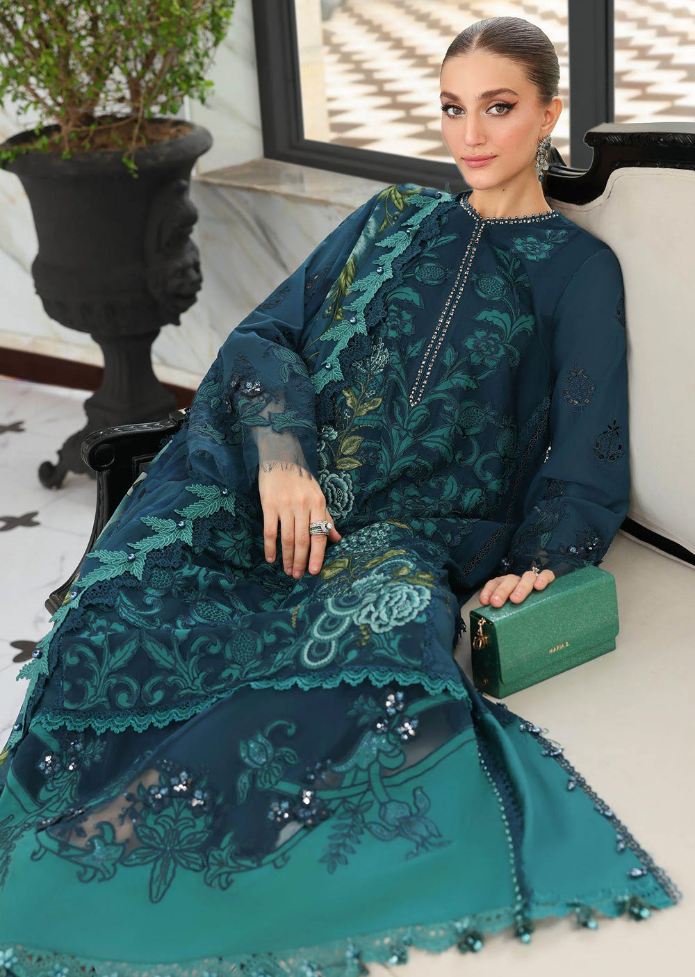 Maria db 6 – Teal Floral Embroidered 3-Piece Suit