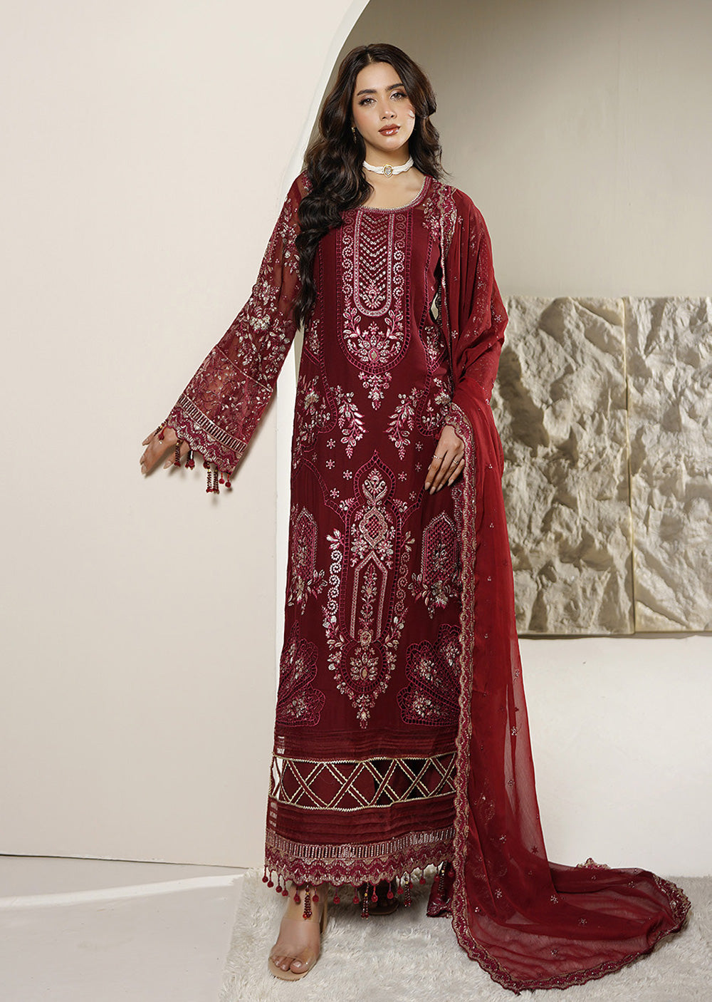 AARZU 9 – Maroon Embroidered 3-Piece Suit