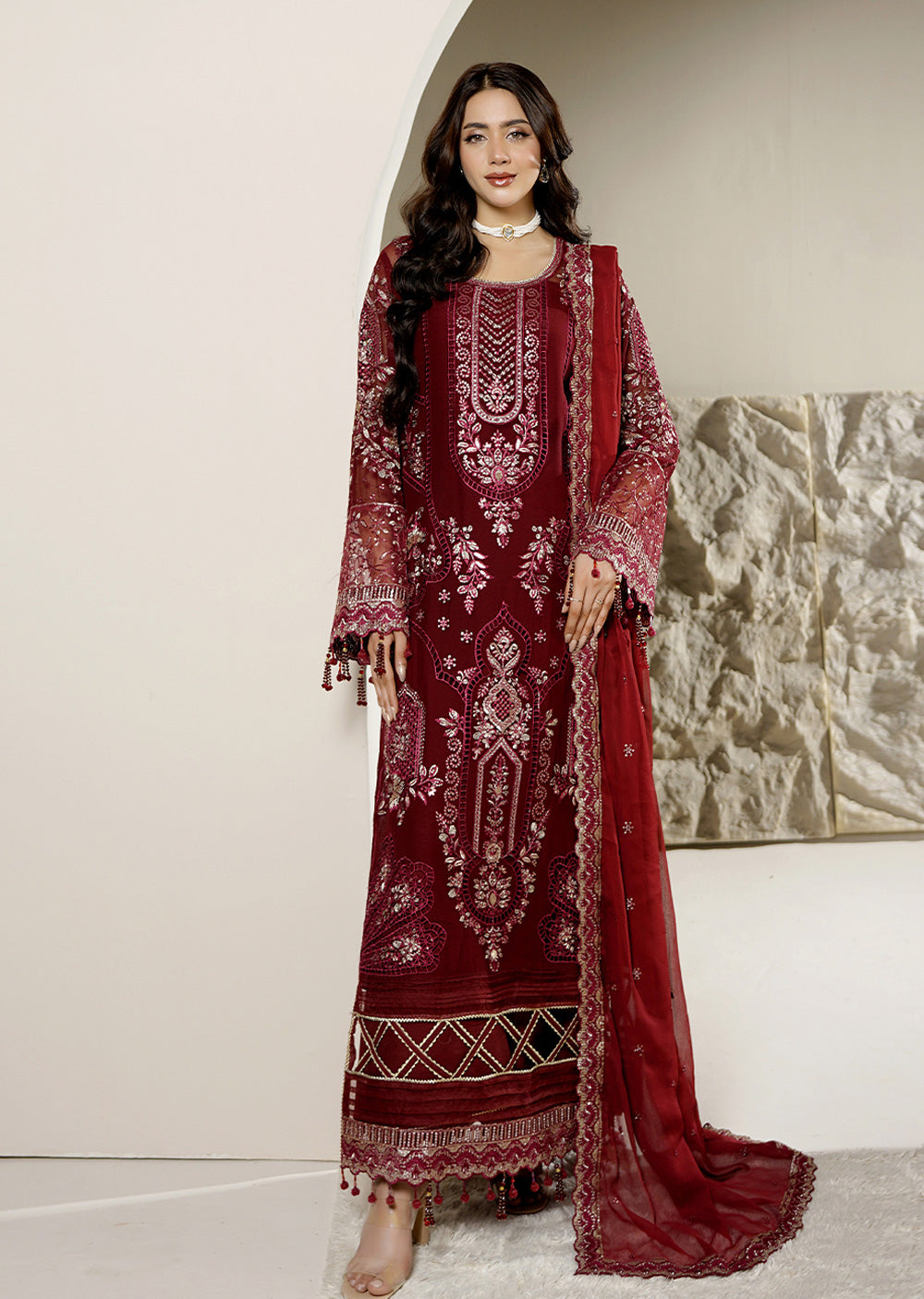 AARZU 9 – Maroon Embroidered 3-Piece Suit