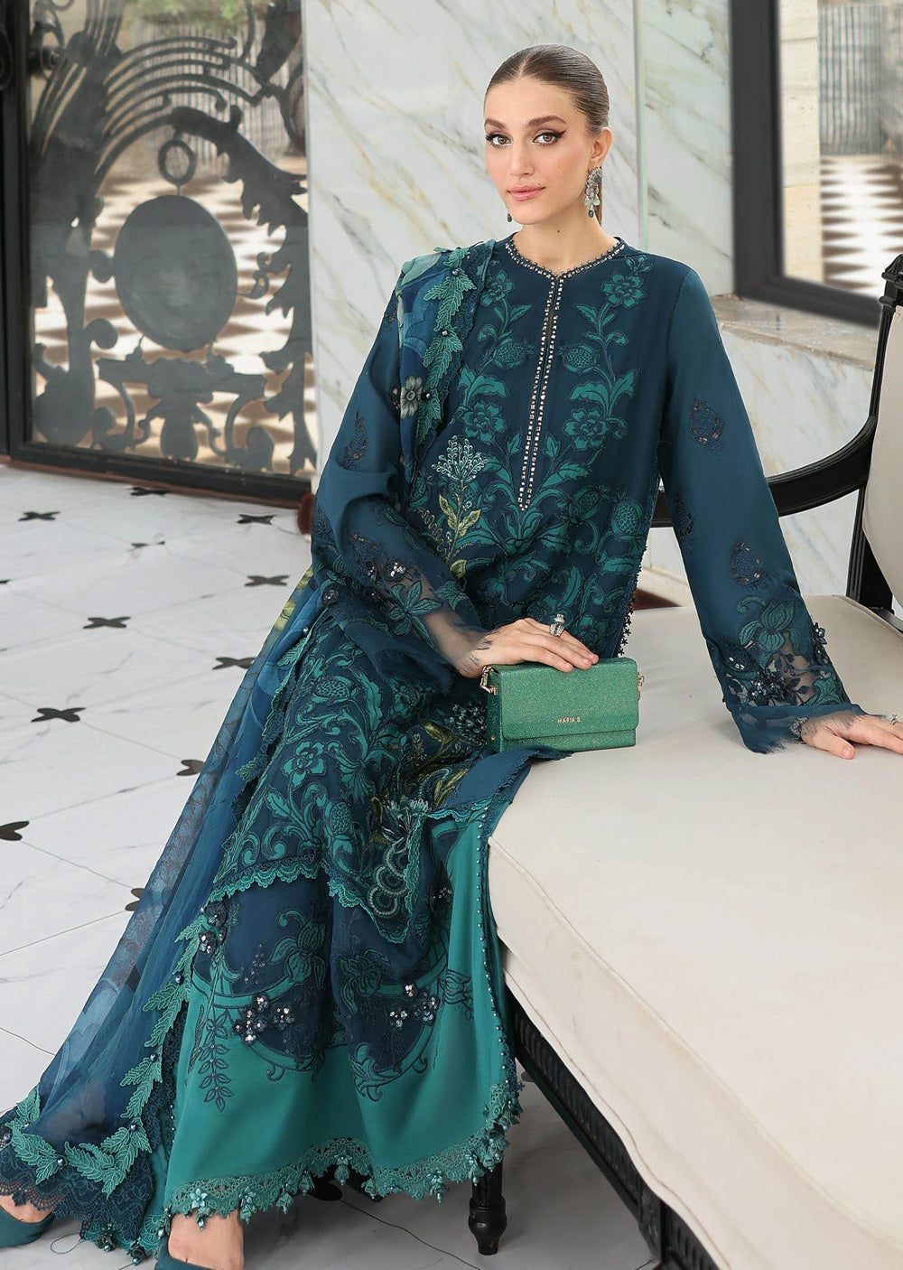 Maria db 6 – Teal Floral Embroidered 3-Piece Suit