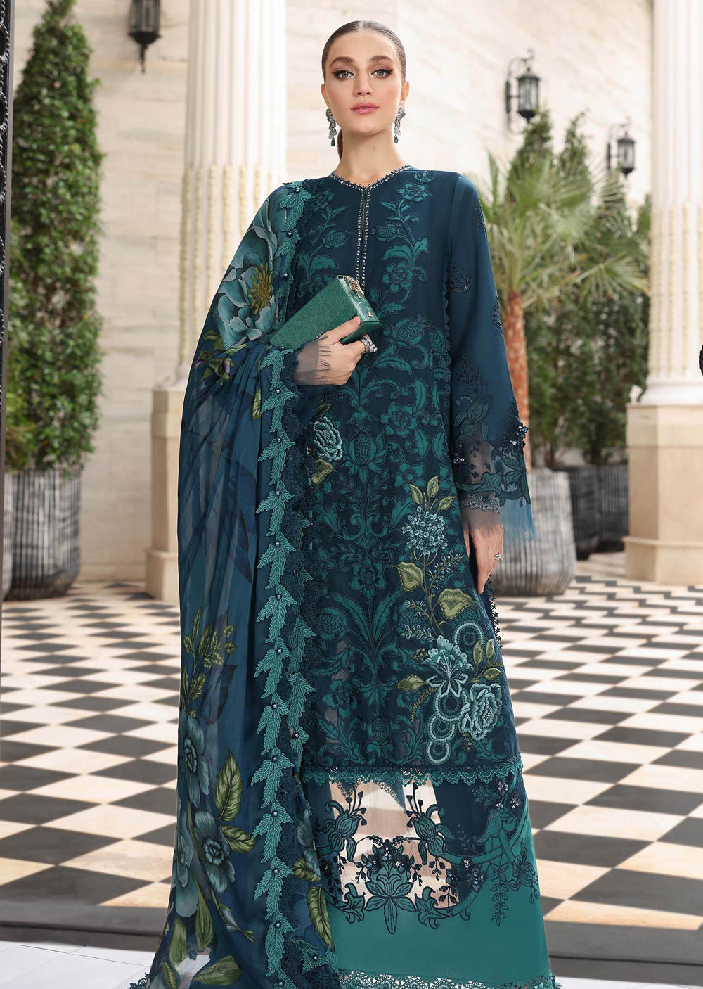 Maria db 6 – Teal Floral Embroidered 3-Piece Suit