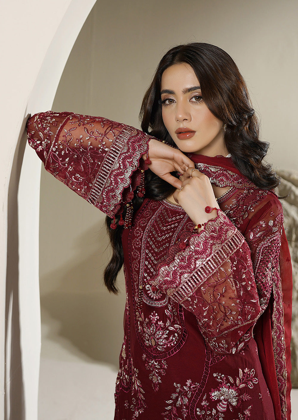 AARZU 9 – Maroon Embroidered 3-Piece Suit
