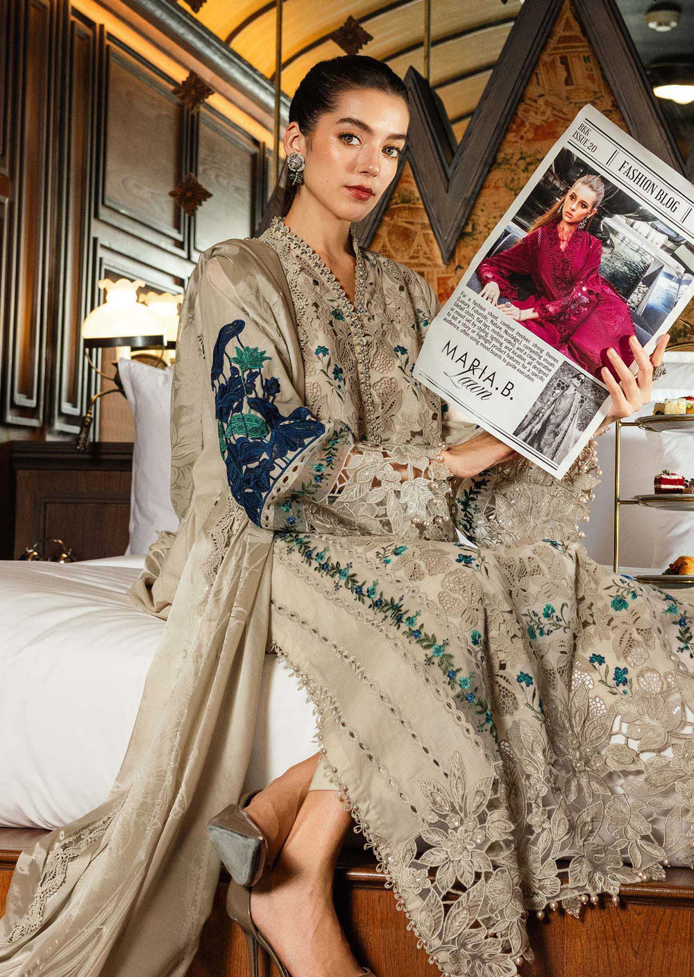 Maria db 8- Beige Floral Embroidered 3-Piece Suit