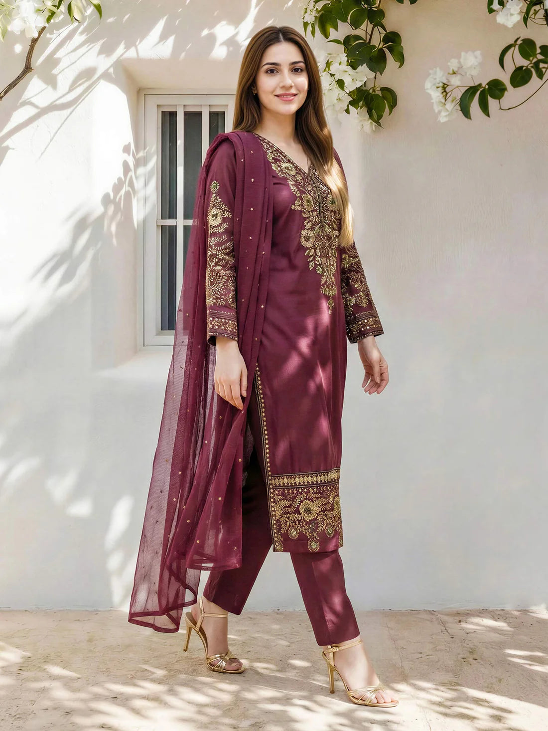 XSL-582- 3 Piece Raw Silk Suit- Embroidered (Pret)