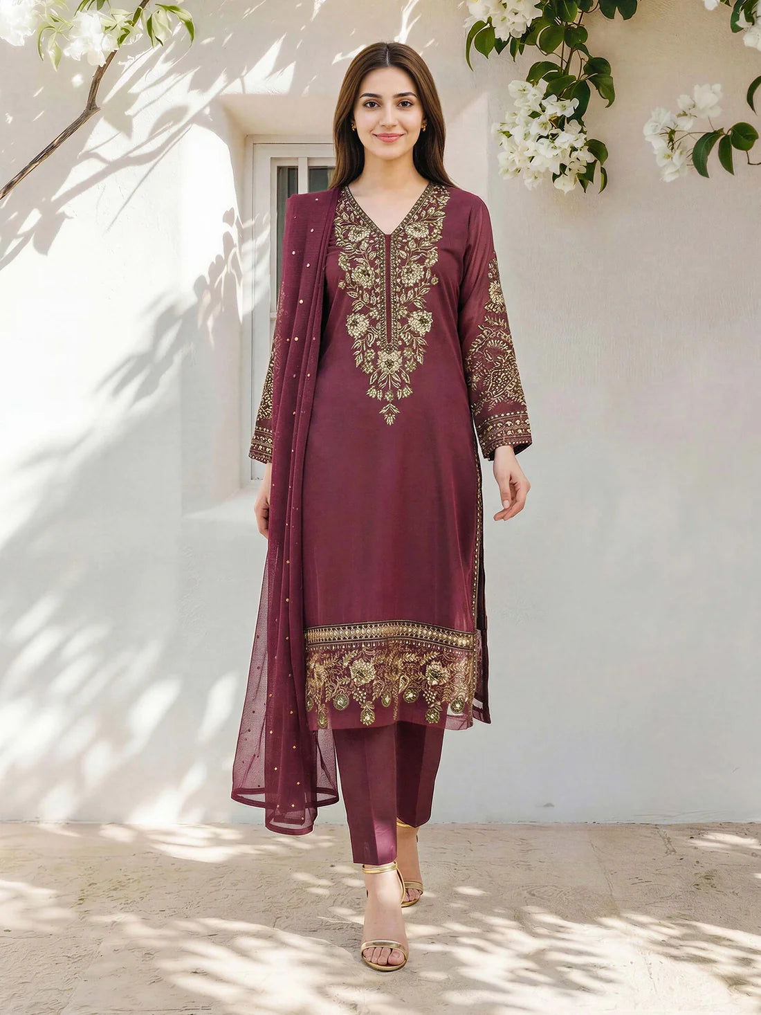 XSL-582- 3 Piece Raw Silk Suit- Embroidered (Pret)