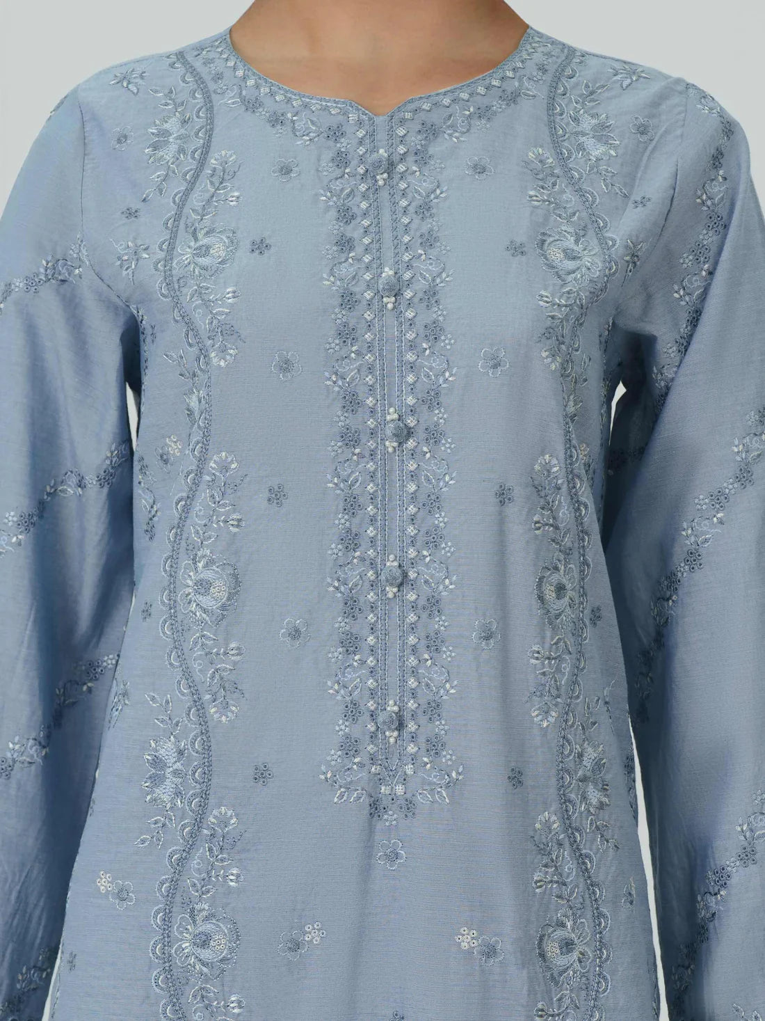 XSL-199- 3 Piece Chambray Suit- Embroidered (Pret)