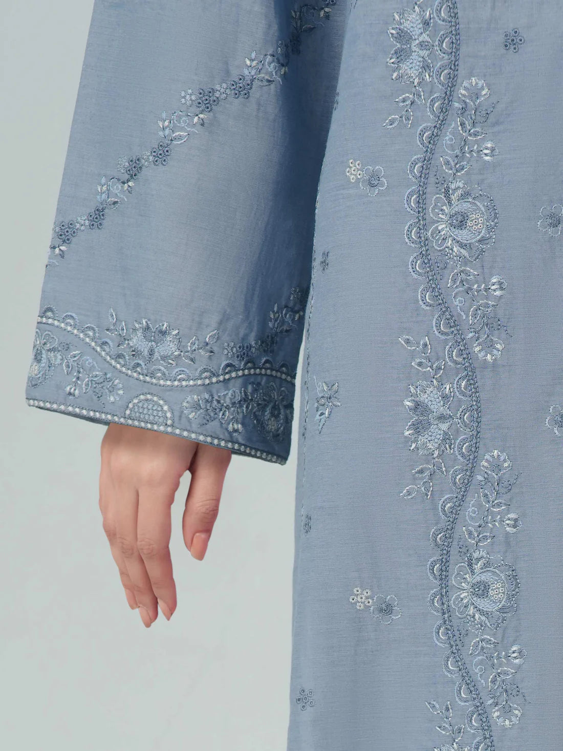 XSL-199- 3 Piece Chambray Suit- Embroidered (Pret)
