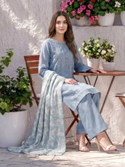 XSL-199- 3 Piece Chambray Suit- Embroidered (Pret)