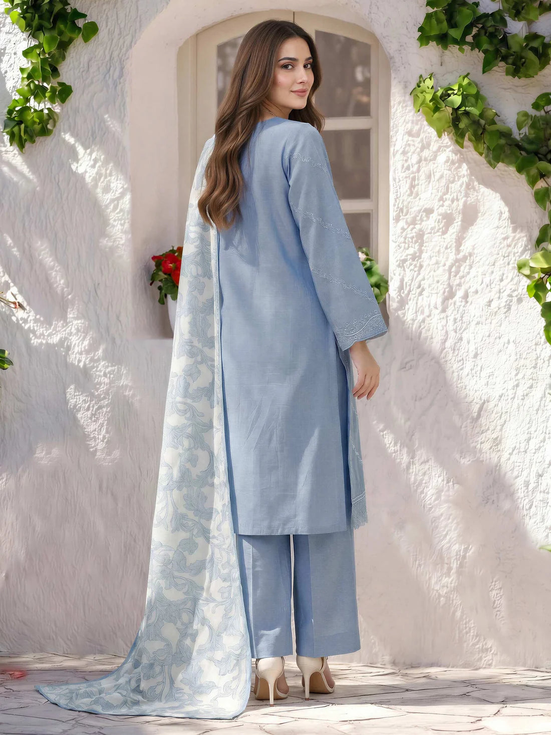 XSL-199- 3 Piece Chambray Suit- Embroidered (Pret)