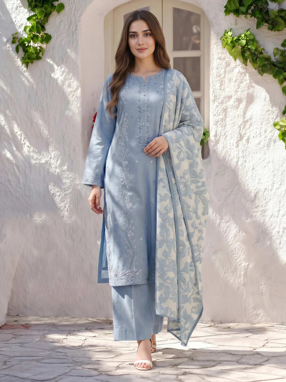 XSL-199- 3 Piece Chambray Suit- Embroidered (Pret)