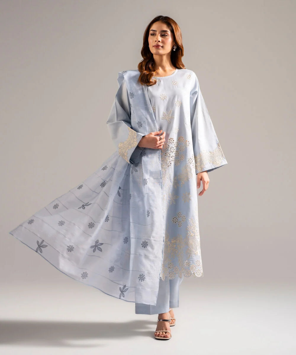 PBS26-624- 3 Piece - Embroidered Cotton Satin Suit