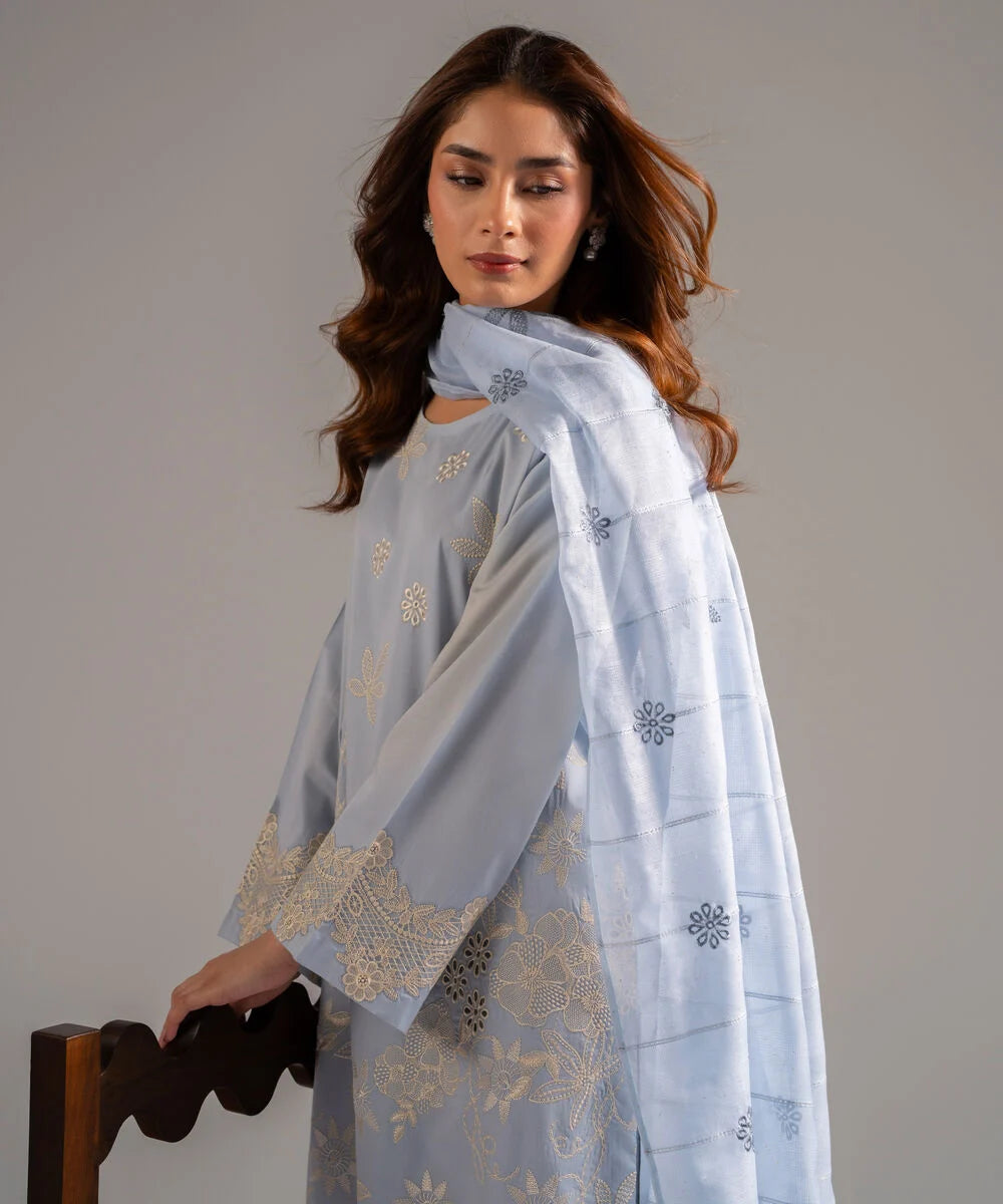 PBS26-624- 3 Piece - Embroidered Cotton Satin Suit