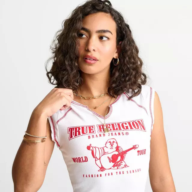 Women's True Religion Buddha World Tour Rib Notch Baby T-Shirt