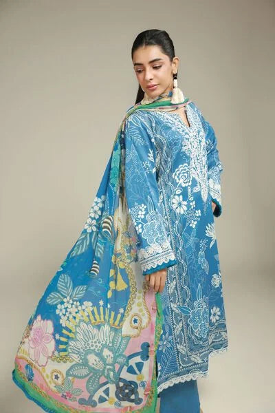 Khaadi-01 Blue Floral Printed Embroidered 3 Piece Lawn Suit